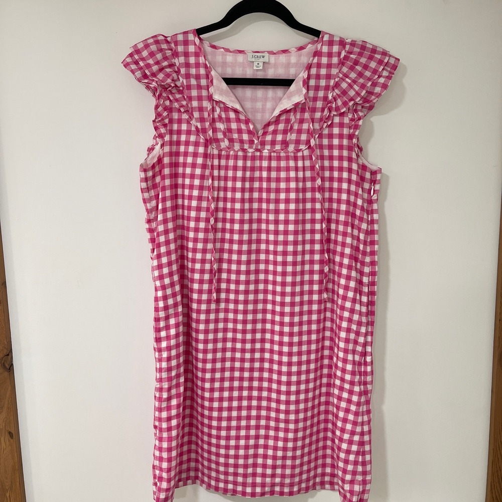 J.Crew Gingham Ruffle Shift Dress Womens Size 8‎ Pink White Plaid | Preppy Core